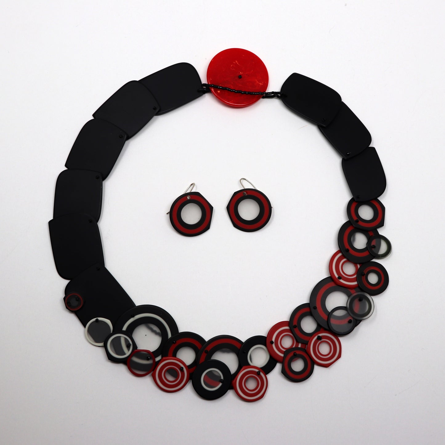 Carved and Beaded Red White and Black Necklace
