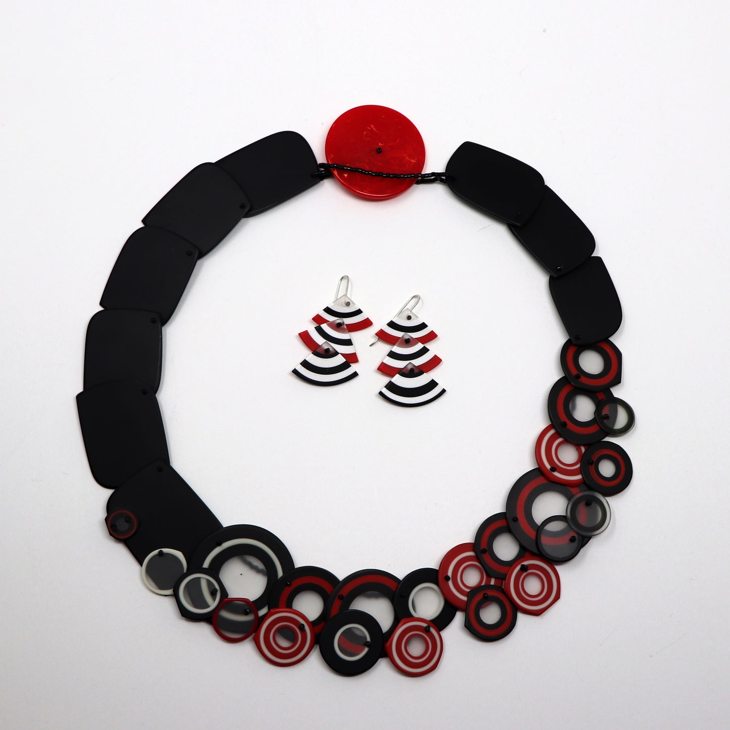 Carved and Beaded Red White and Black Necklace