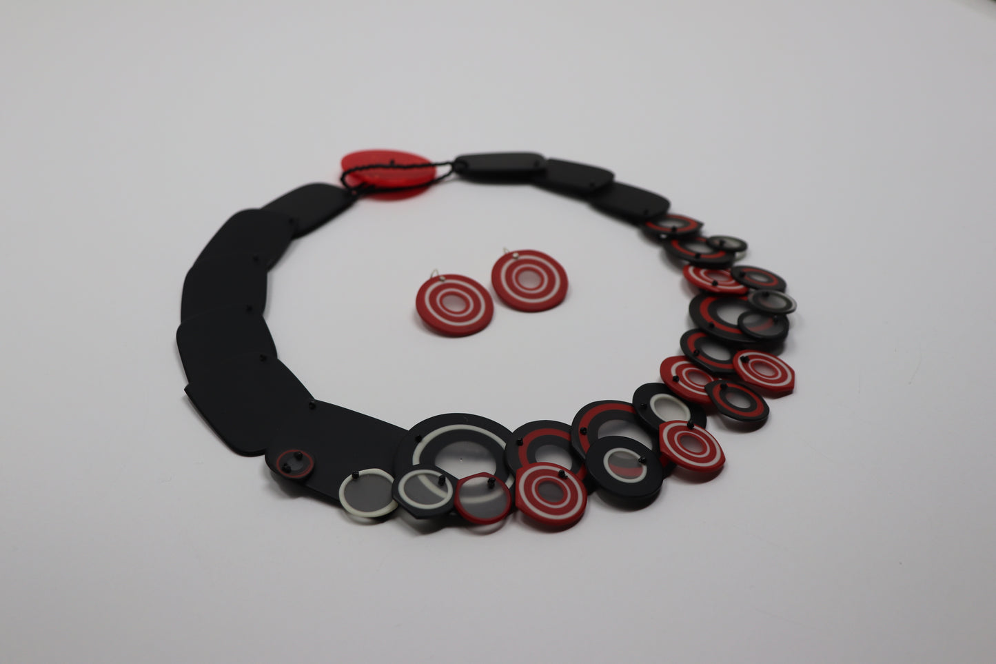 Carved and Beaded Red White and Black Necklace