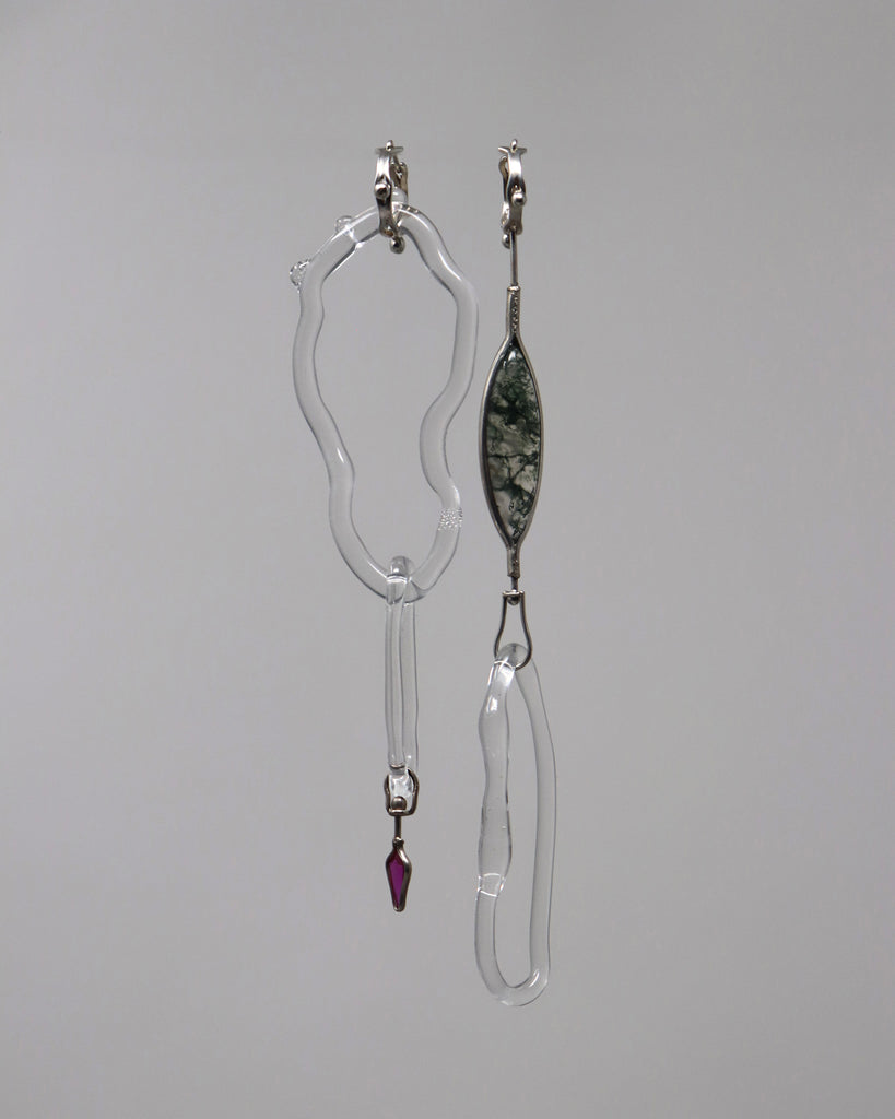 Tourmaline and Moss Agate Wavy Hoops with Glass Link