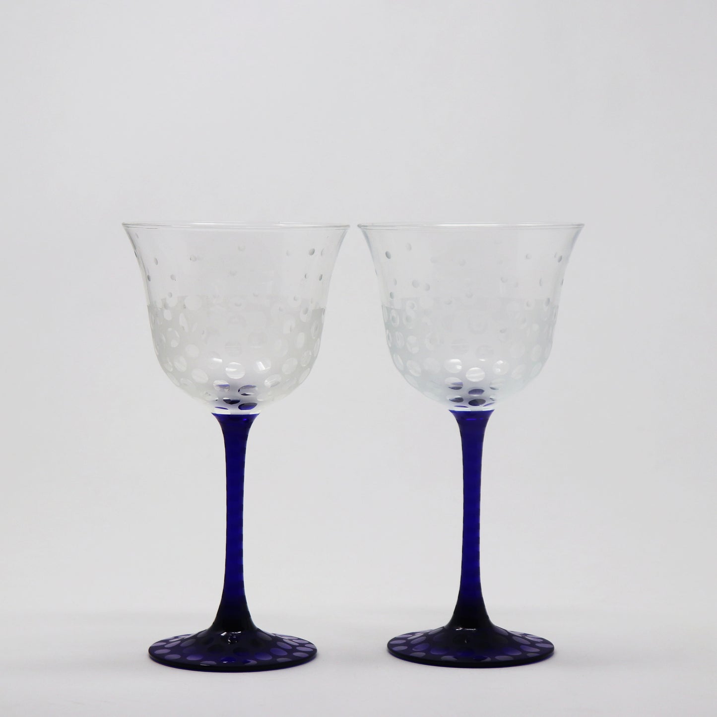 Polka Dot Blue Stem Schott Crystal Goblets (Pair)