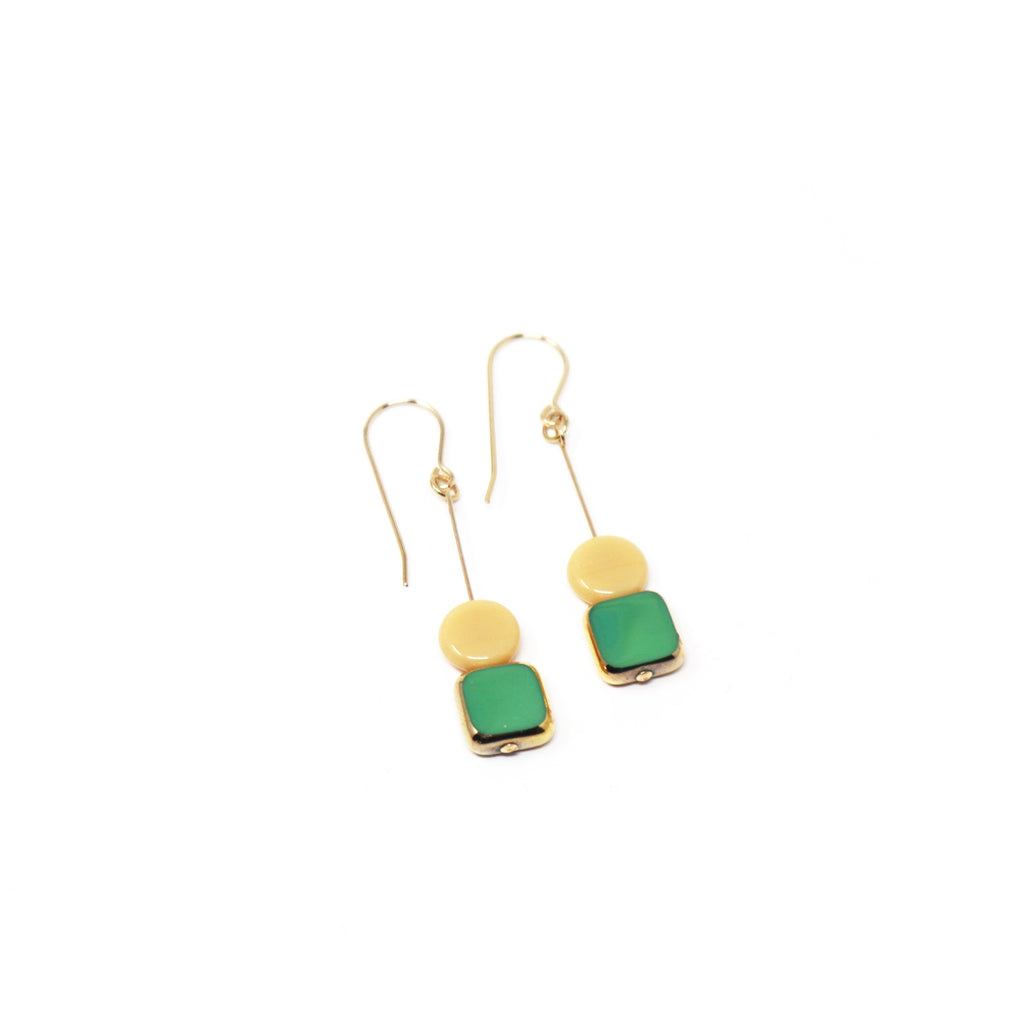 Green Square with Cream Circle Earrings